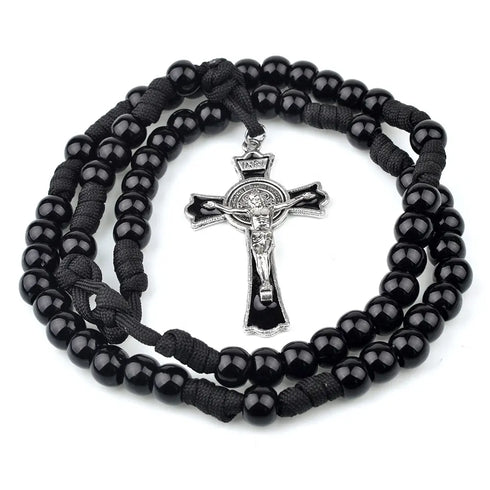 A shiny black acrylic rosary with a silver-colored Saint Benedict crucifix, designed for men.