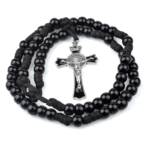 A shiny black acrylic rosary with a silver-colored Saint Benedict crucifix, designed for men.