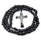 A shiny black acrylic rosary with a silver-colored Saint Benedict crucifix, designed for men.