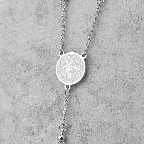 Compact 4mm stainless bead rosary with silver Saint Benedict cross and medal.