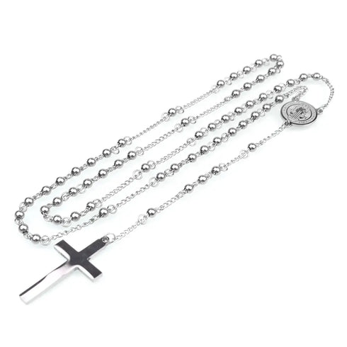 Compact 4mm shiny stainless bead rosary with silver Saint Benedict cross and medal.