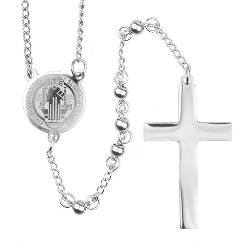 Shiny silver St.Benedict rosary with 4mm stainless steel beads and cross, laid on white background.