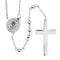 Shiny silver St.Benedict rosary with 4mm stainless steel beads and cross, laid on white background.