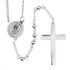 Shiny silver St.Benedict rosary with 4mm stainless steel beads and cross, laid on white background.
