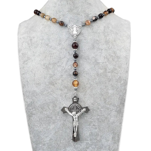 St. Benedict men's rosary with 8mm brown agate beads, shown on a white background.