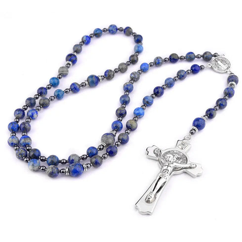 Deep blue lapis lazuli rosary with St. Benedict crucifix and centrepiece for men.