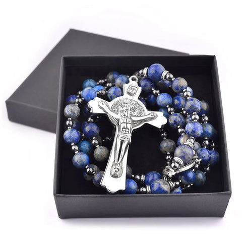 Saint Benedict Lapis Lazuli rosary for men with silver crucifix and centrepiece, displayed in a box on white background.