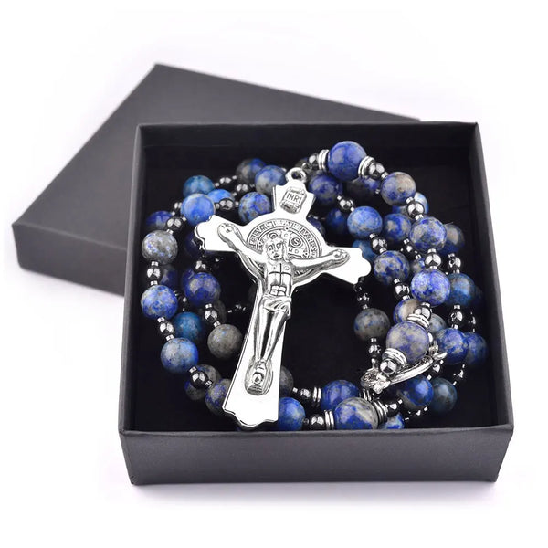 Saint Benedict Lapis Lazuli rosary for men with silver crucifix and centrepiece, displayed in a box on white background.