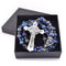 Saint Benedict Lapis Lazuli rosary for men with silver crucifix and centrepiece, displayed in a box on white background.