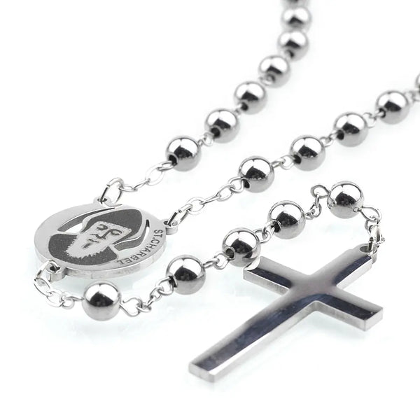 A stainless steel rosary with a cross necklace and St. Charbel centerpiece medal.