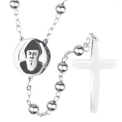 Stainless steel rosary with Saint Charbel medal and cross displayed on a clean background.