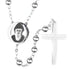 Stainless steel rosary with Saint Charbel medal and cross displayed on a clean background.