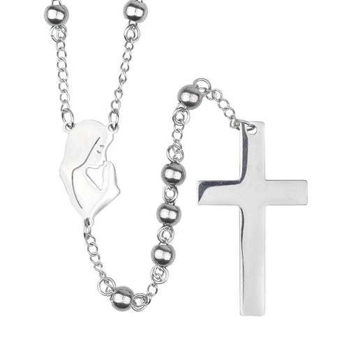 Close-up of stainless 6mm bead rosary featuring Virgin Mary centrepiece on white background.
