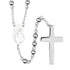 Close-up of stainless 6mm bead rosary featuring Virgin Mary centrepiece on white background.