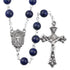 Lapis Lazuite Rosary with Immaculate Mary centrepiece and antique silver-plated crucifix on white background.