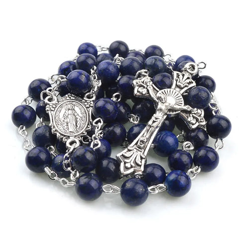 Handmade rosary with 8mm lapis Lazurite beads and Immaculate Heart of Mary centrepiece with silver plated crucifix.