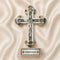Decorative cross with Jerusalem label on a beige fabric background