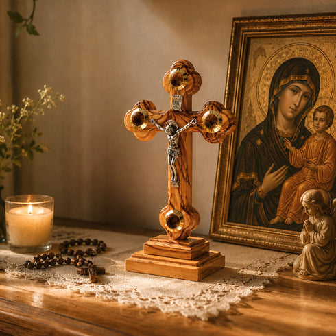 Standing wooden crucifix with Four Elements in a religious ambient