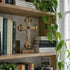 Detailed olive wood Apostles crucifix displayed on a shelf with books and decorative objects in a lived-in home