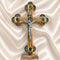 Handcrafted olive wood Apostles crucifix with a silver-tone corpus and decorative details from the Holy Land