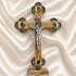 Handcrafted olive wood Apostles crucifix with a silver-tone corpus and decorative details from the Holy Land