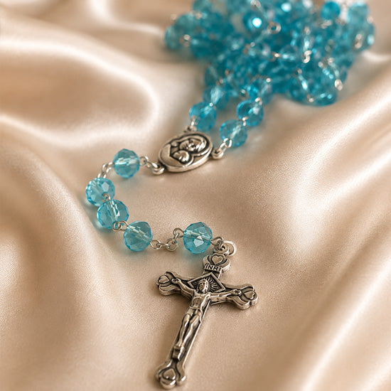 Aqua Blue Crystal Rosary with Jerusalem Holy Soil Medal