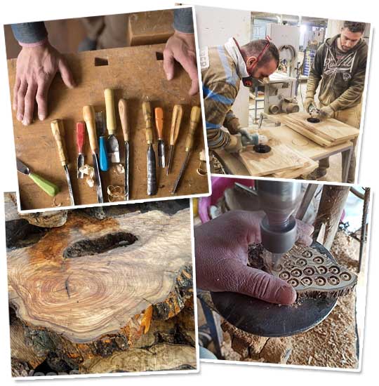 Collage of four images showing olive wood artisans in Bethlehem handcrafting religious items with care and tradition.