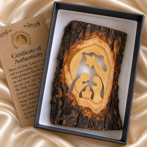 Bethlehem Olive Wood Nativity Scene with Natural Bark