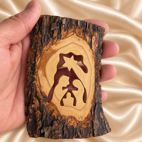 Bethlehem Olive Wood Nativity Scene with Natural Bark