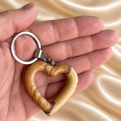 Hand-Carved Bethlehem Olive Wood Heart Keychain