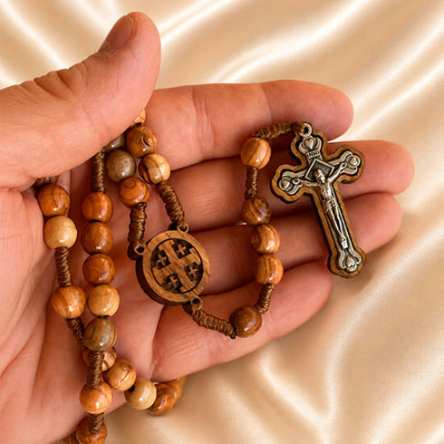 Bethlehem Olive Wood Rosary with Carved Jerusalem Cross