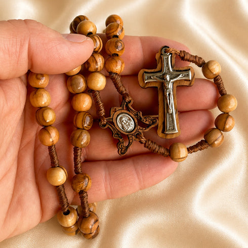Bethlehem Olive Wood Rosary with Carved Marian Centerpiece