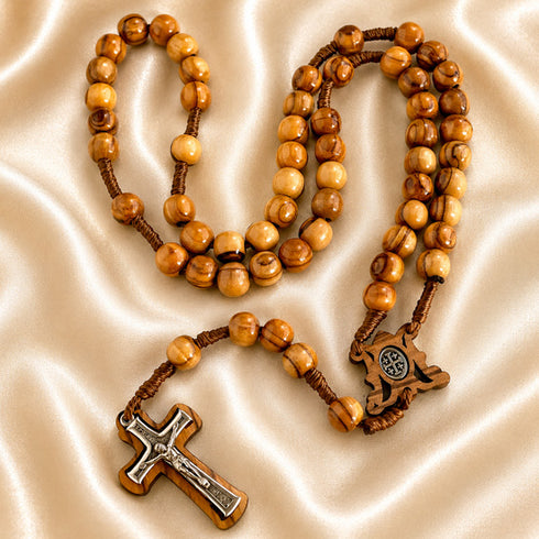 Bethlehem Olive Wood Rosary with Carved Marian Centerpiece