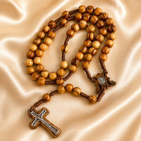 Bethlehem Olive Wood Rosary with Carved Marian Centerpiece