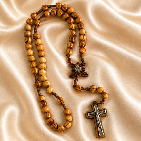 Bethlehem Olive Wood Rosary with Carved Marian Centerpiece