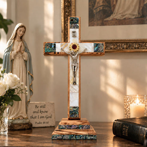 Olive Wood Standing Crucifix with Mother of Pearl & Bethlehem Star