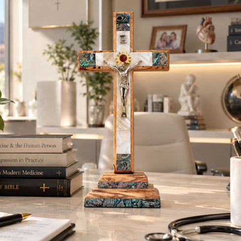 Olive Wood Standing Crucifix with Mother of Pearl & Bethlehem Star