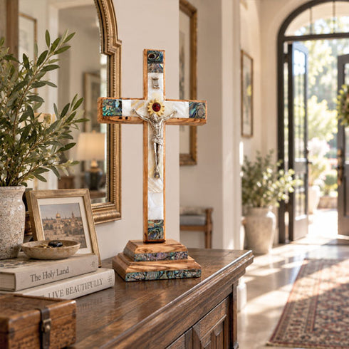Olive Wood Standing Crucifix with Mother of Pearl & Bethlehem Star
