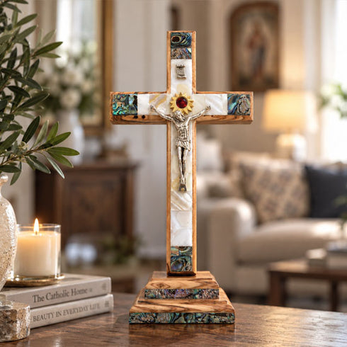 Olive Wood Standing Crucifix with Mother of Pearl & Bethlehem Star