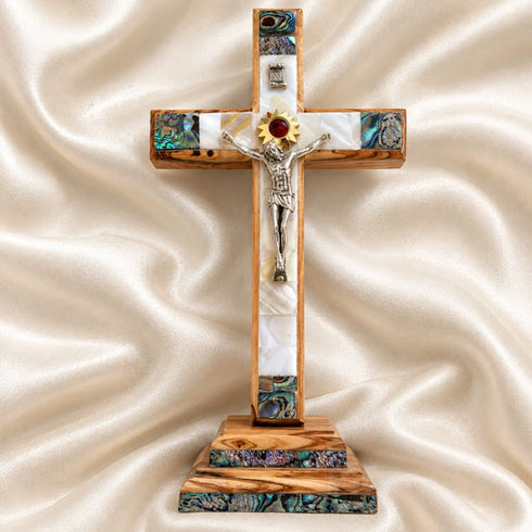 Olive Wood Standing Crucifix with Mother of Pearl & Bethlehem Star