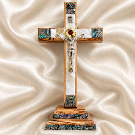 Olive Wood Standing Crucifix with Mother of Pearl & Bethlehem Star