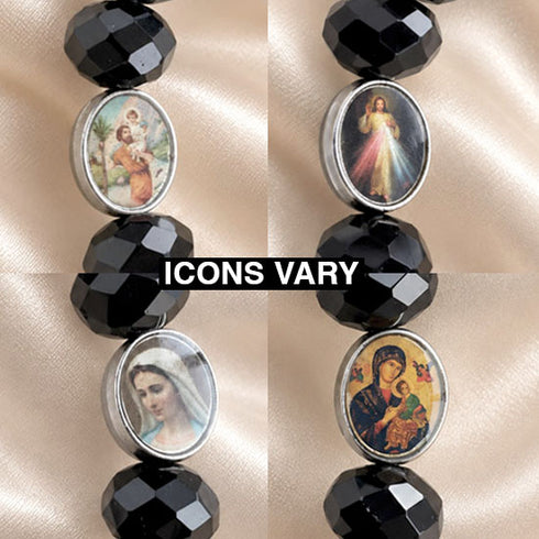 Black Crystal Catholic Bracelet with Devotional Medals