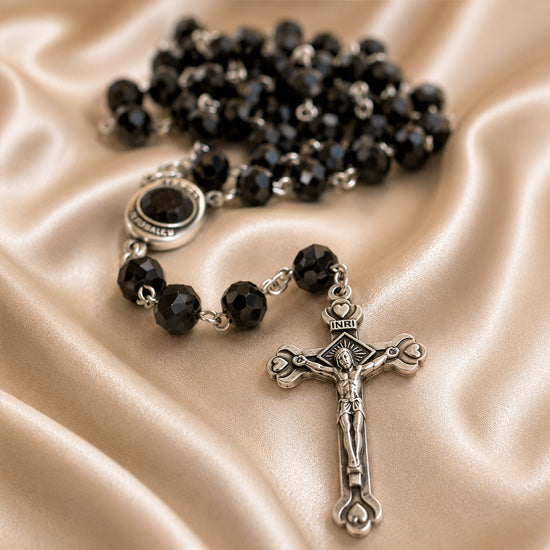 Black Crystal Rosary with Holy Soil from Jerusalem