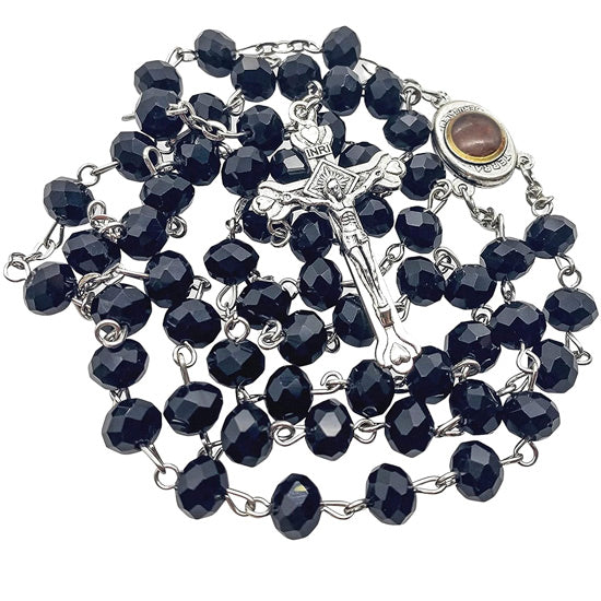 Black Crystal Rosary with Holy Soil from Jerusalem
