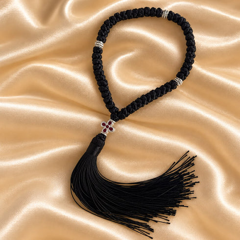 Black Komboskini prayer rope with 50 knots, silver-tone separators and red cross