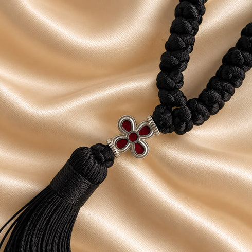 Black 50-knot Komboskini prayer rope shown with silver-tone separators and red cross