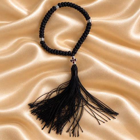 Black 50-knot Komboskini prayer rope with silver-tone separators and red cross