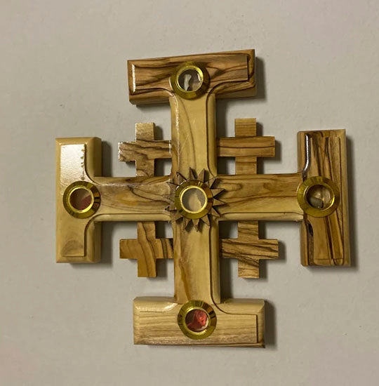 Olive wood Jerusalem Cross with Four Holy Elements and a Star of Bethlehem in the middle