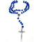 Blue rosary with a silver cross on a white background