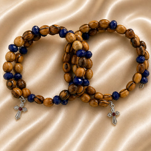 Beaded wrap bracelets set together with olive wood beads, dark blue crystal beads, cross charm